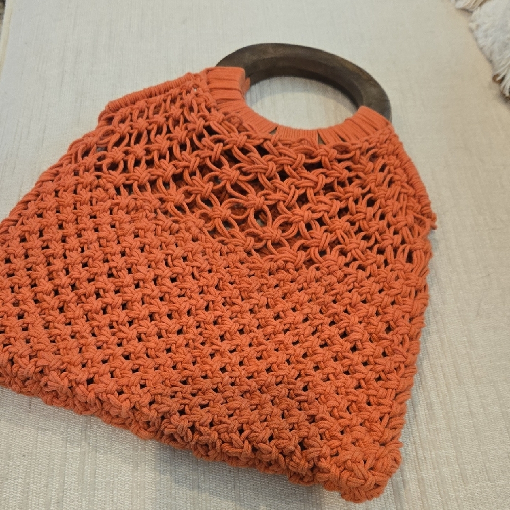 Sigrid Olsen Orange Crochet Tote with Wooden Handles